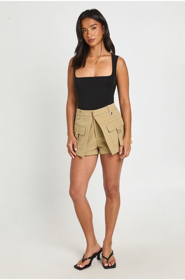 Petite Double Layer Slinky Square Neck Sleeveless Bodysuit - black