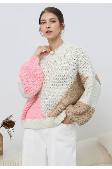 Geometric Color Block Chunky Hand-Knit Sweater
