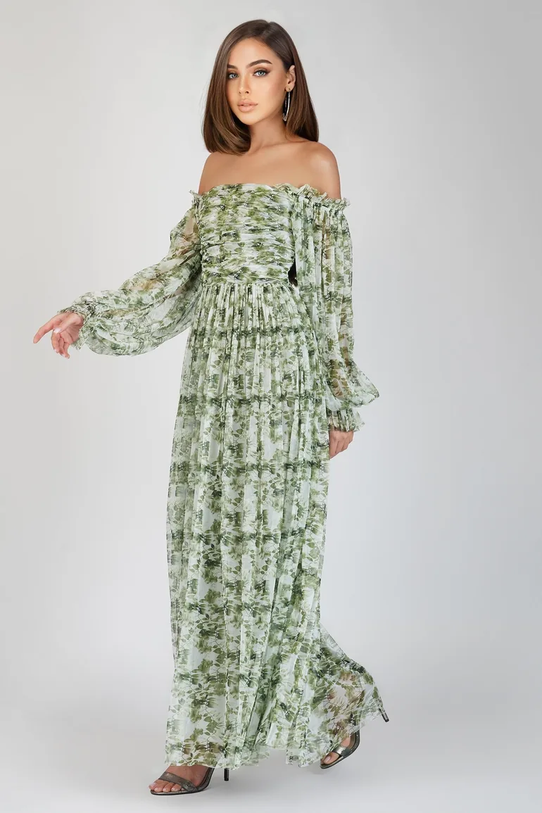 Lana Green Floral Printed Tulle Dress - 2