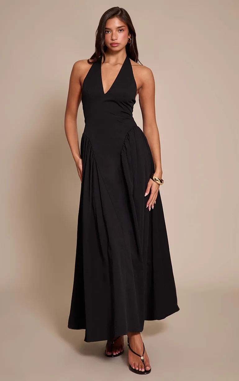 Black Woven Halterneck Plunge Midaxi Dress Prettylittlething Black : Evening  Dresses : VogaCloset Oman