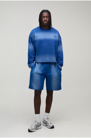 Shrunken Panel Wash Sweatshirt Short Tracksuit - blue