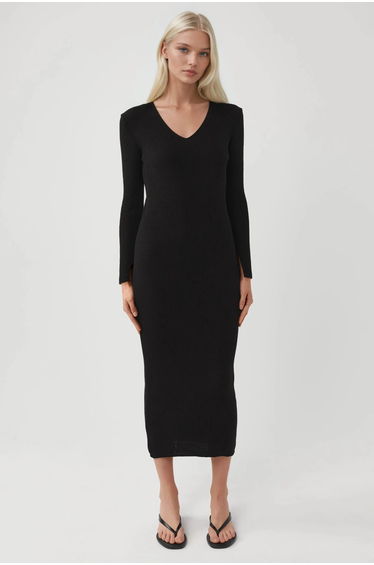 MY FASHION V-Neck Textured Knit Dress with Slit