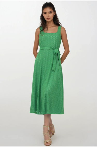 Women's Green Square Neck Strap Lined Maxi Length Fisto Dress