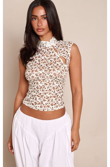 Petite Cream Floral Lace Cut Out Toggle Detail Fitted Top