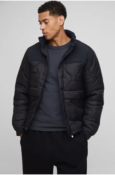 Regular Fit Onion Quilted Panel Funnel Neck Jacket - black