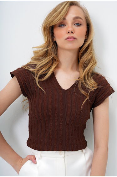 Women's Brown Front Back V-Neck Openwork Summer Knitwear Blouse