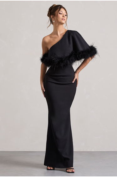 Valor | Black Asymmetric Floor Length Dress With Feather Trim