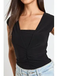 Slinky Ruched V Neck Bodysuit - black - 3