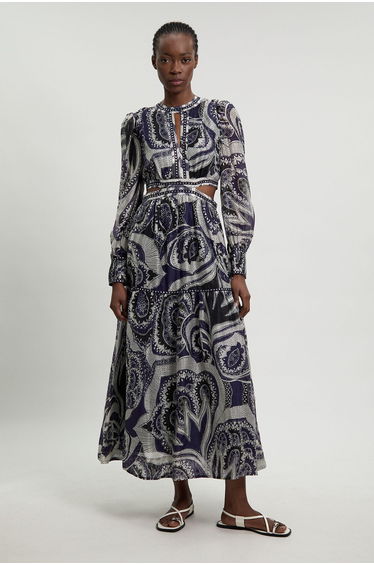 Mono Floral Printed Studded Detail Maxi Dress
