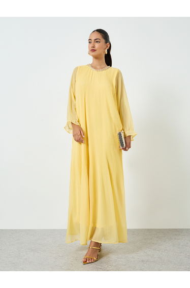 Yellow Plisse Lace Detail Jalabiya