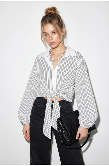 LUCCI Oversized Striped Poplin Shirt With Tie Detail