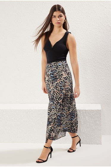 Mink Patterned Viscose Fabric Midi Woven Skirt