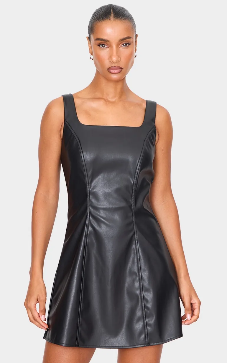 leather square neck dress Black MissPap Premium Leather Look Square Neck Ruched Mini Dress