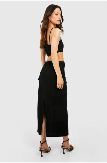 تنورة ميداكسي كتان بجيوب لون أسود - لطويلات القامة