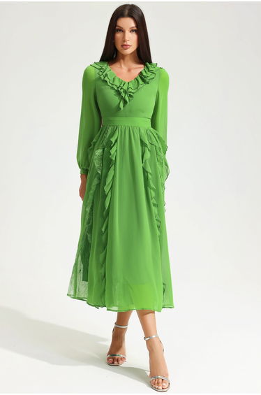 Noémie V-Neck Ruffle Midi Dress Green in Green
