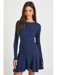 Rib Dropped Hem Skater Dress - navy - 2