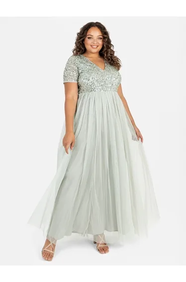 Maya Green Lily V Neckline Embellished Maxi Dress