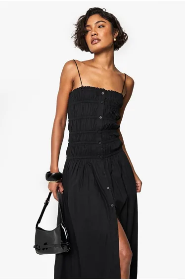 فستان ماكسي مزموم بأكتاف مكشوفة لون أسود - لطويلات القامة