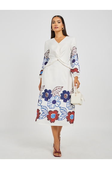 Floral Print Balloon Sleeves A-Line Midi Dress