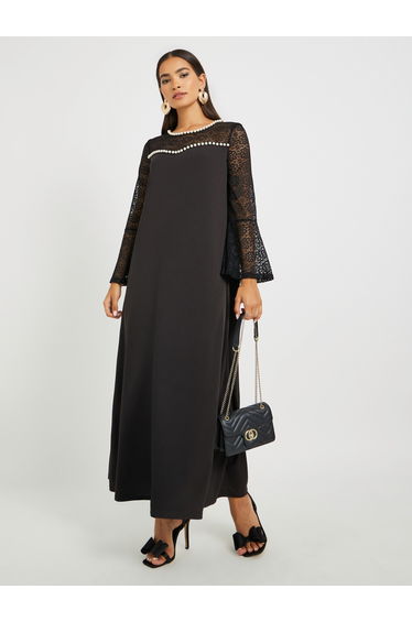 Embellished Lace Patchwork Long Sleeve A-Line Jalabiya