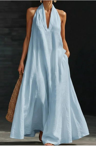 A-Line Loose Pockets Solid Color V-Neck Maxi Dresses