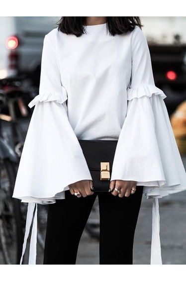 Flared Sleeves Loose Ruffled Solid Color Split-Joint Round-Neck T-Shirts Tops