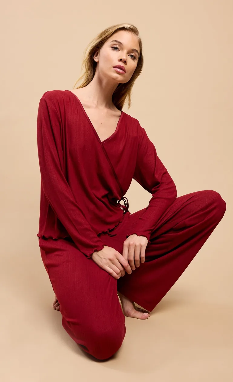 Burgundy Pointelle Wrap Top and Trouser Lounge Set  by Vicky Pattison - 3