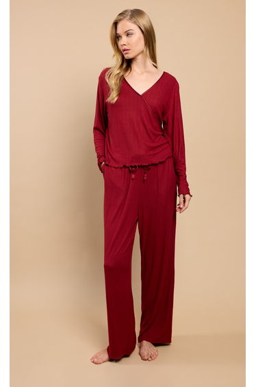 Burgundy Pointelle Wrap Top and Trouser Lounge Set by Vicky Pattison
