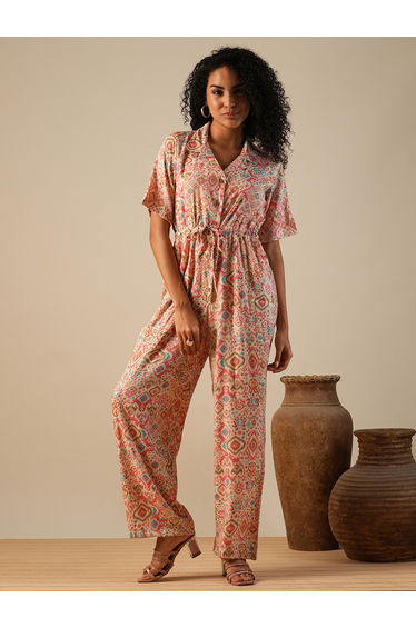 Geometric Print Waist Tie-Ups Fusion Jumpsuit