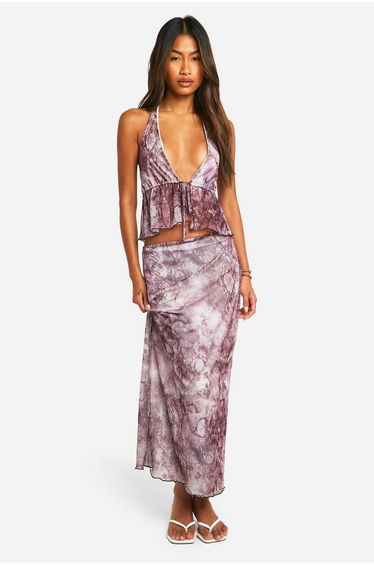 Snake Print Mesh Tie Front Ruffle Cami Top