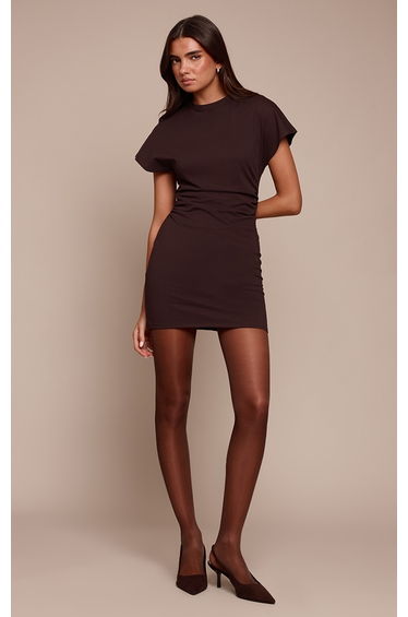 Chocolate Boat Neck Cinched Waist Shift Dress