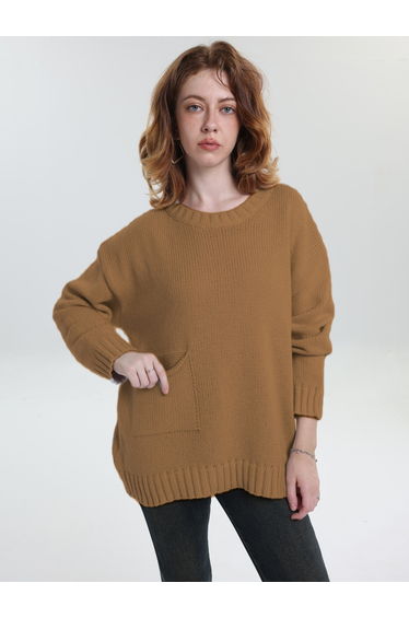 Plus Size Brown Pocket Detail Knit Sweater