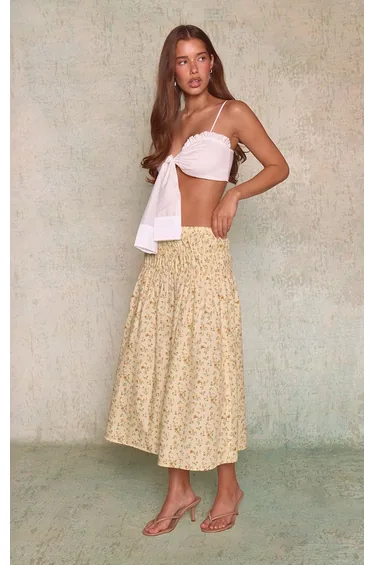 Yellow Ditsy Floral Cotton Shirred Drop Waist Midi Skirt