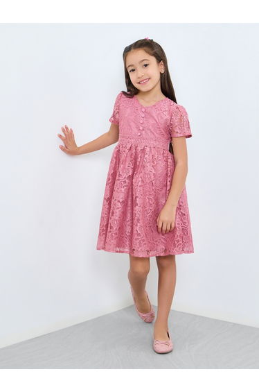 Girls Pink Lace A-Line Knee-Length Dress