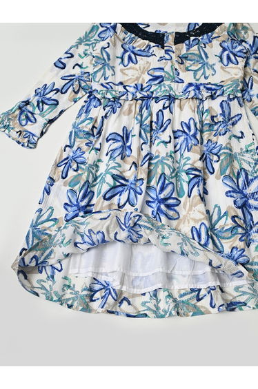 All-Over Floral Print Lace Insert Cotton Dress with Lining