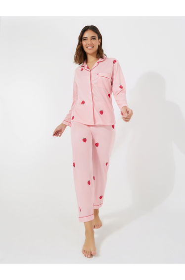 Strawberry Print Pocket Detail Shirt and Pyjama Set