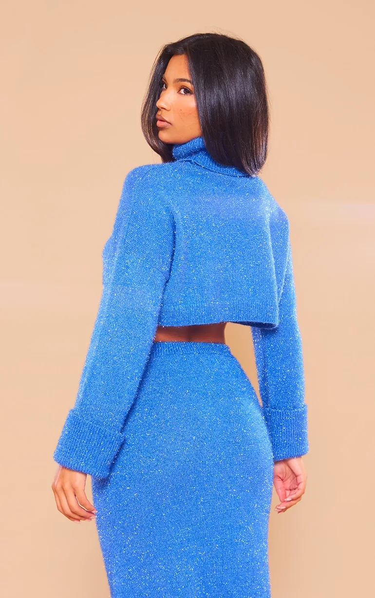 Midnight Blue Tinsel Knit High Neck Oversized Jumper - 1