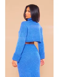 Midnight Blue Tinsel Knit High Neck Oversized Jumper - 1