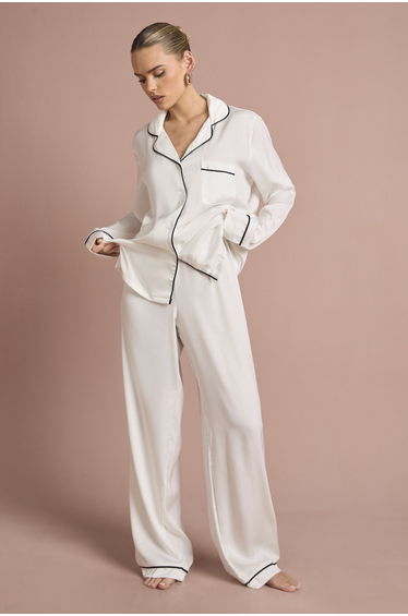 Bridal 'Bride' Satin Embroidered Long Sleeve Shirt & Trousers Pyjama Set - white