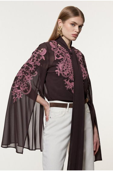 Cutwork Beaded Georgette Tie Neck Woven Blouse With Drama Sleeve