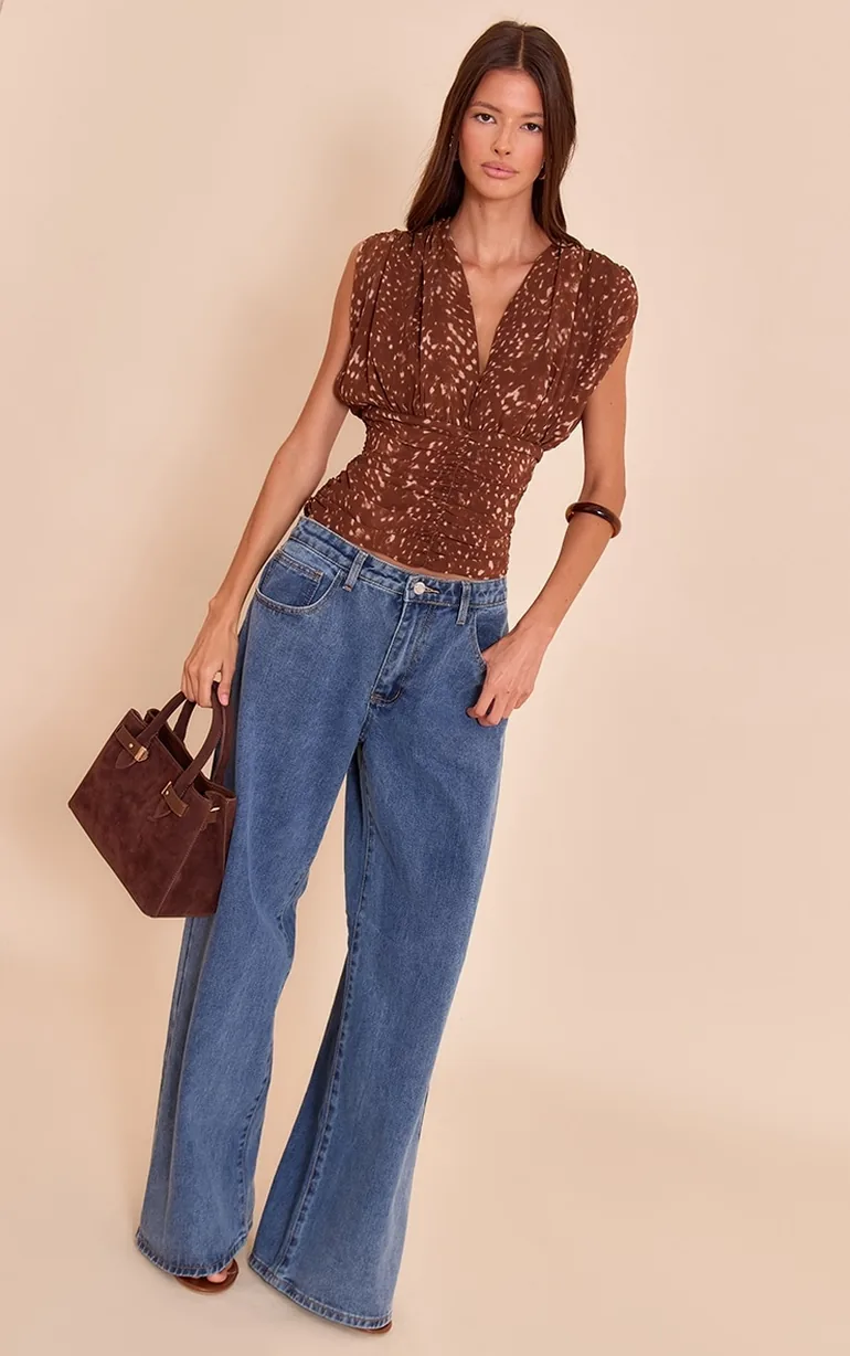 Brown Fawn Print Chiffon Plunge Ruched Bodice Top - 2