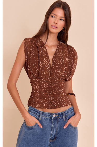 Brown Fawn Print Chiffon Plunge Ruched Bodice Top
