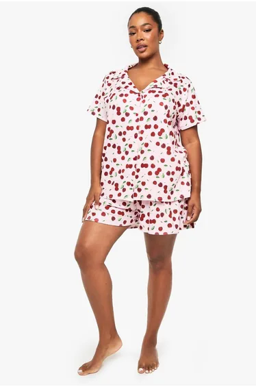 Plus Cherry Print Short Sleeve & Short PJ Set - pink