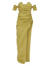 Olive Textured Bardot Underwired Ruched Maxi Dress - 3