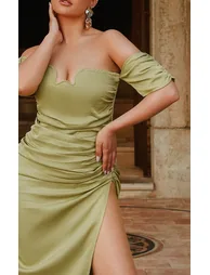 Olive Textured Bardot Underwired Ruched Maxi Dress - 2
