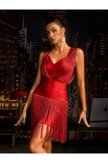 Pyrith V Neck Fringe Bandage Mini Dress In Red