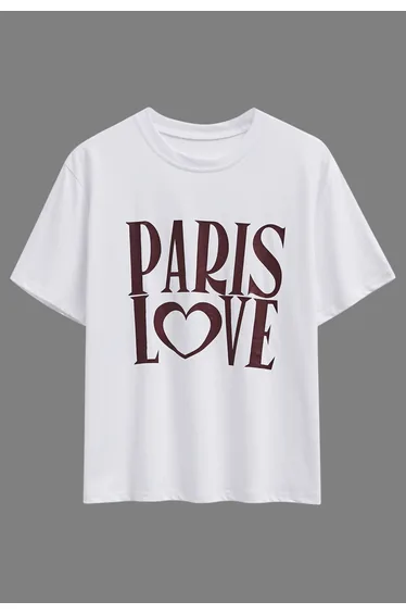 Paris Love Pattern Cotton T-Shirt in White