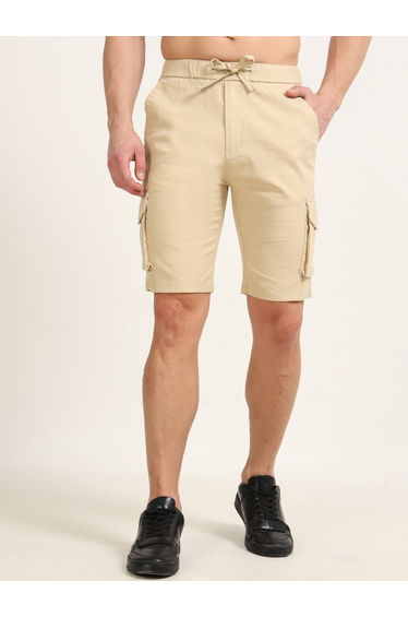 Men Beige Cargo Linen Shorts