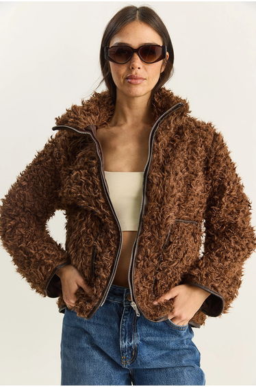 LUCCI Faux Leather Detailed Plush Jacket