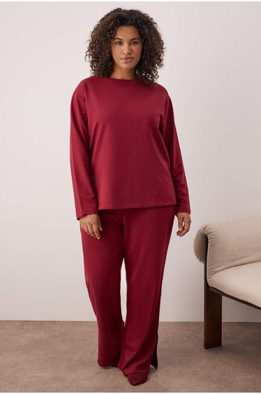 Claret Red Knitted Pajama Set with Slits